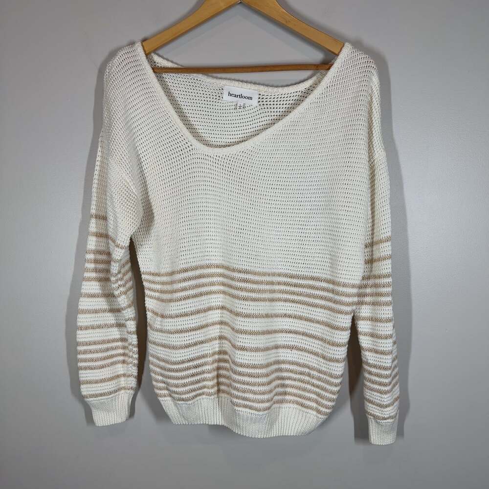 Heartloom Striped Open Knit Sweater Womens Size L Cream Tan Pullover Chunky
